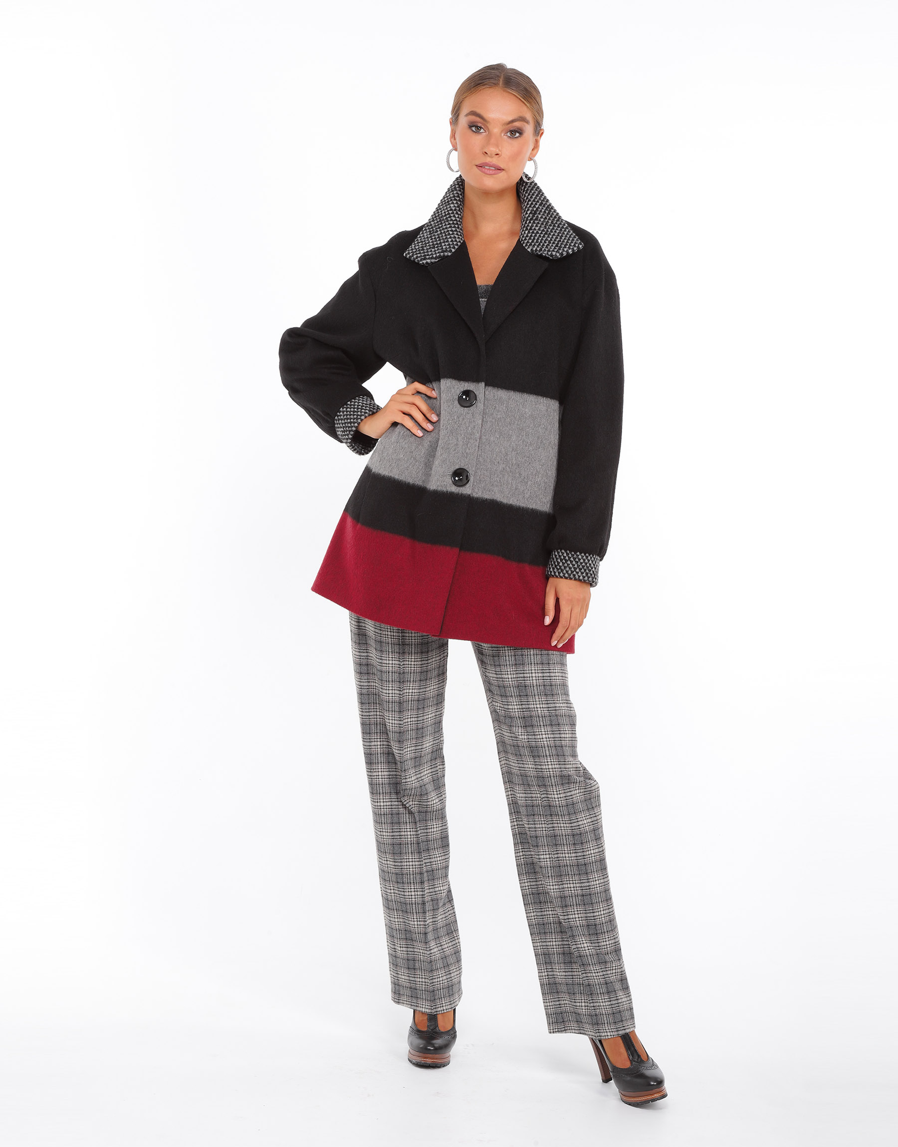 Mid-length coat in striped wool and black, grey and red mesh